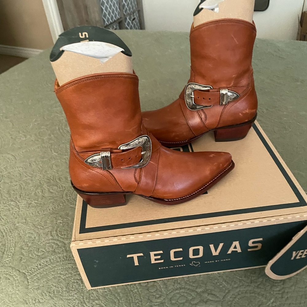 Tecovas Tan Leather Western Boots with Silver Buckle
